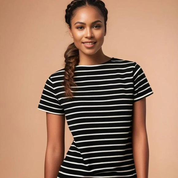 VINTAGE Express Tricot Women's Size Large Striped Short Sleeve Sweater Blouse - Picture 1 of 4